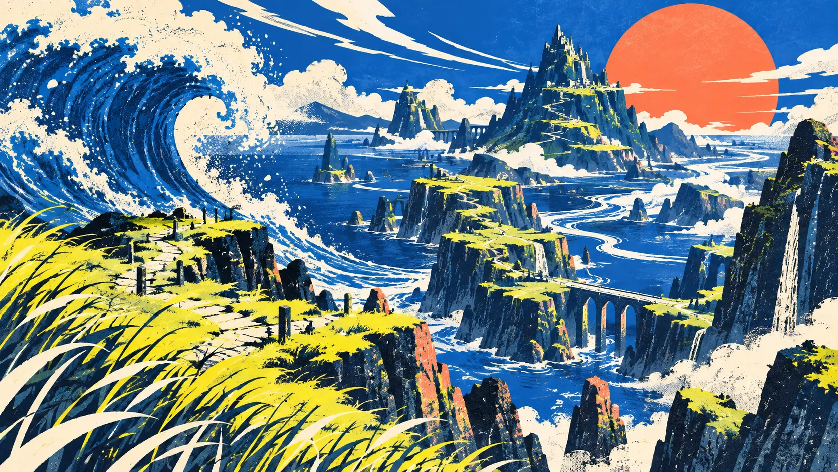 海に浮かぶ岩の島々と大きな波を描いた風景イラスト